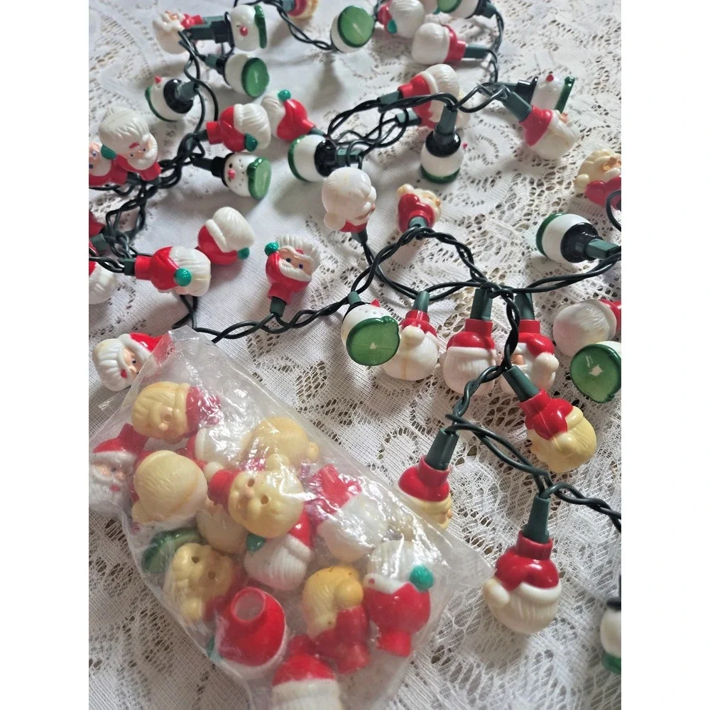 Santa & Snowman Miniature Blow Mold Bulb Covers 50 String Light Set Vtg Decor